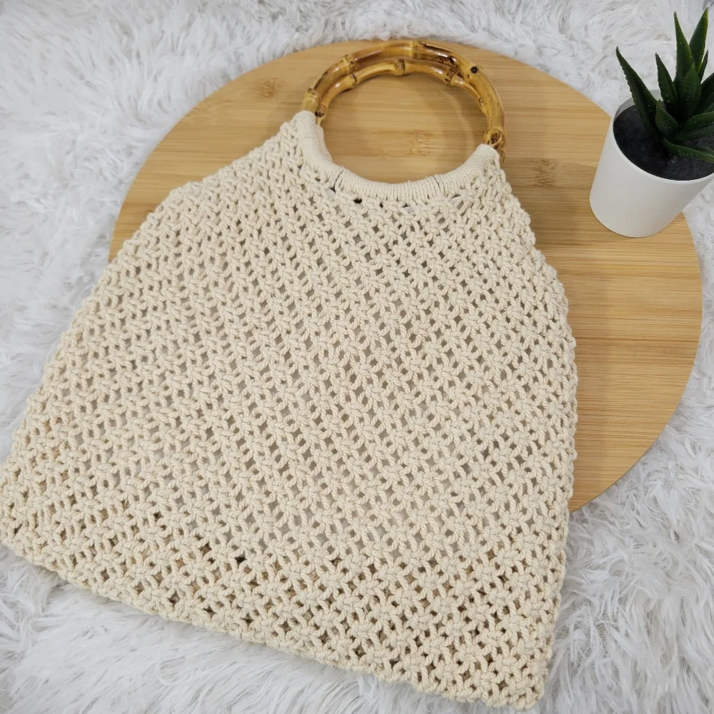 BOHO cotton macrame crochet beaded beachy summer bamboo tribal satchel bag